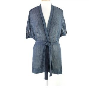 Etcetera E3 Wrap Long Cardigan Size M Linen Blend Open Knit Mesh Belted Coverup